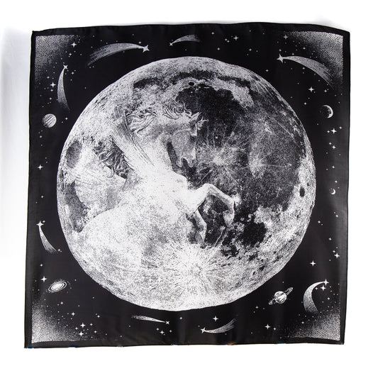 Eșarfă damă din satin, lună plină, 89 x 89 cm - Negru, Alb
