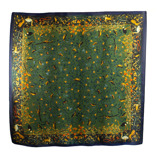 Eșarfă damă din satin, pădure fermecată, 90 x 90 cm - Verde