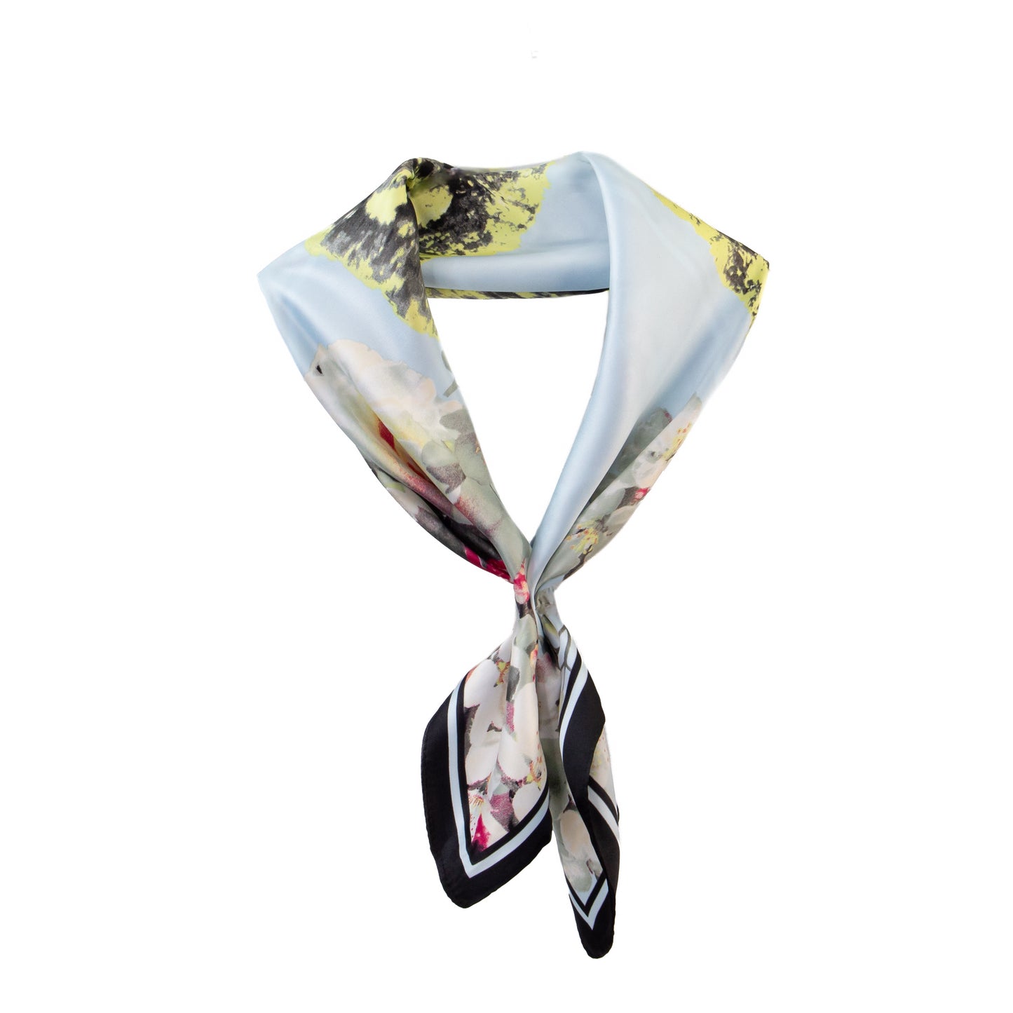 Eșarfă damă din satin, peisaj floral, 61 x 61 cm - Albastru, Roz