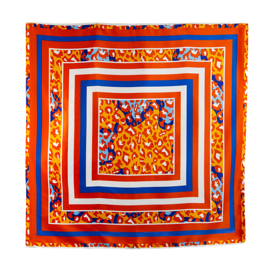 Eșarfă damă din satin, stil urban modern, 70 x 70 cm - Portocaliu, Albastru