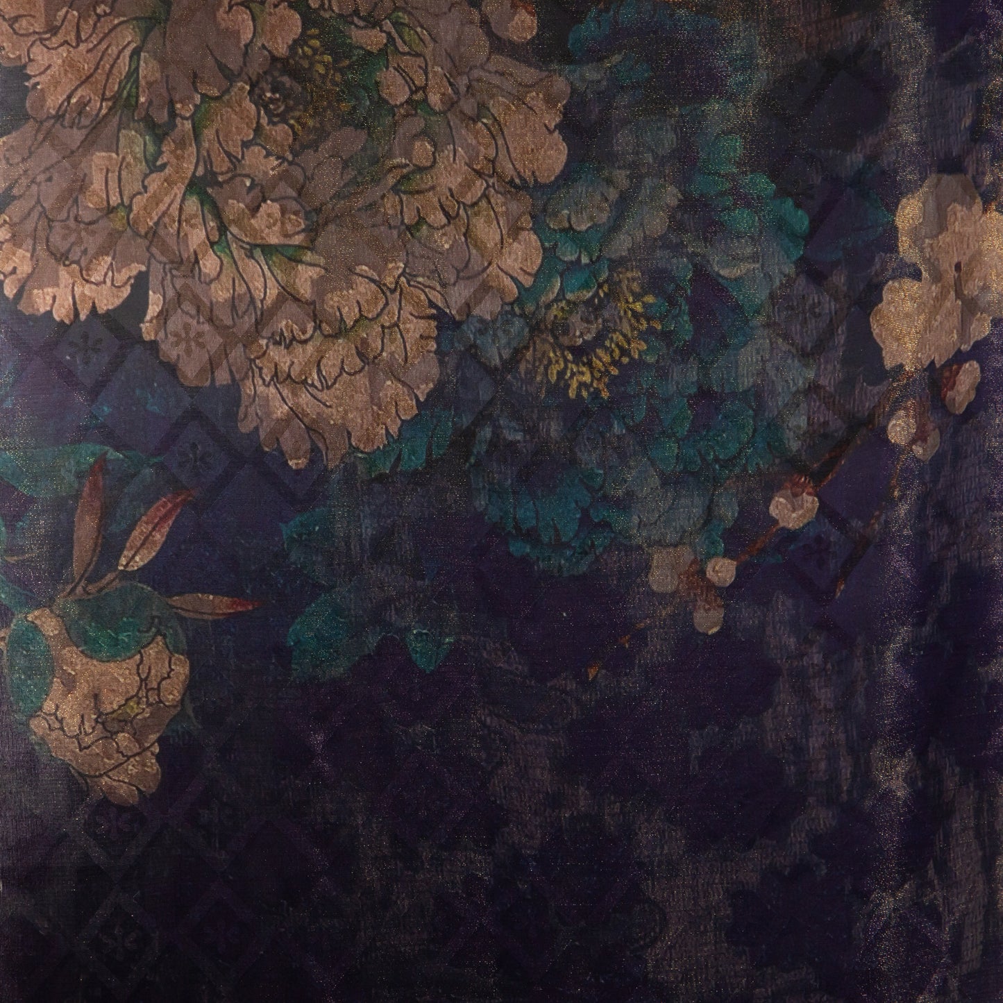 Eșarfă damă imprimeu față-verso cu fire strălucitoare, flori romantice și model geometric, 185 x 66 cm - Maro, Albastru