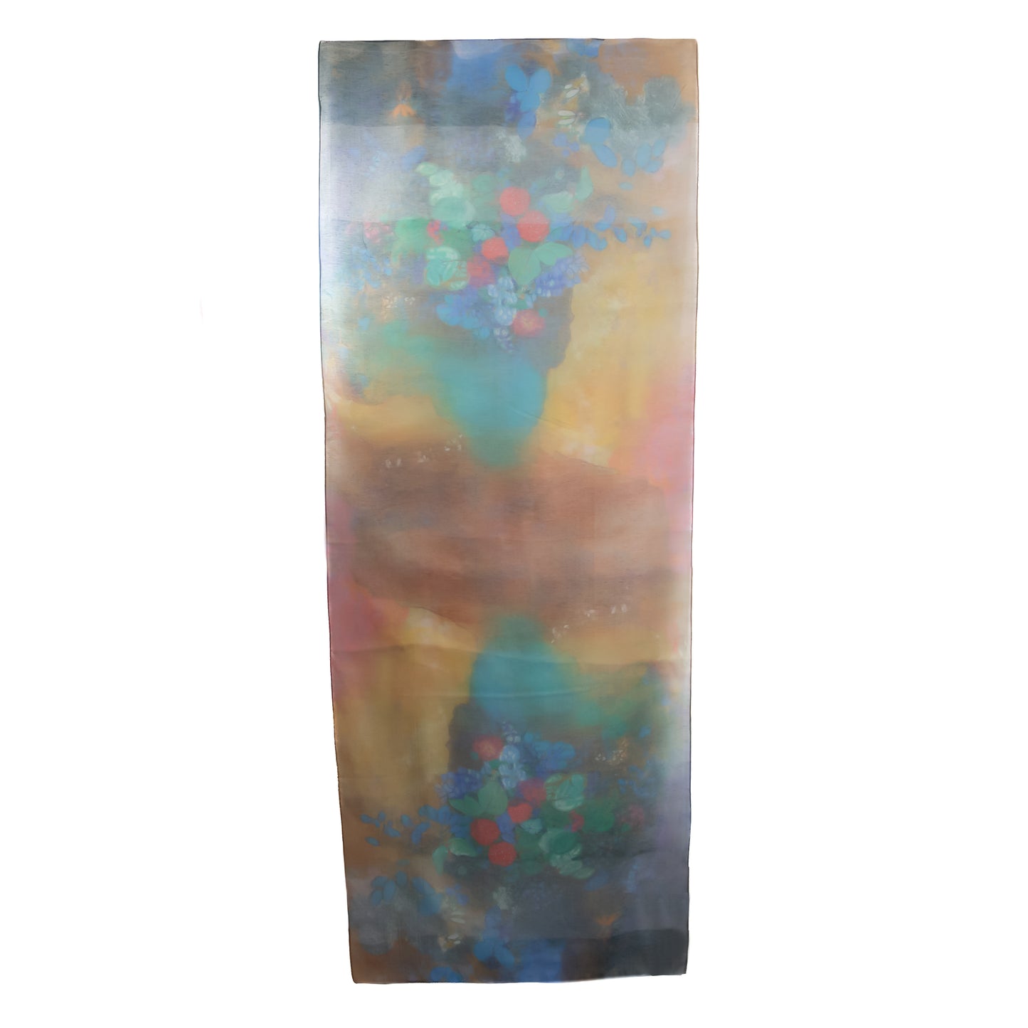 Eșarfă damă, imprimeu flori pictate, 190 x 73 cm - Maro, Albastru