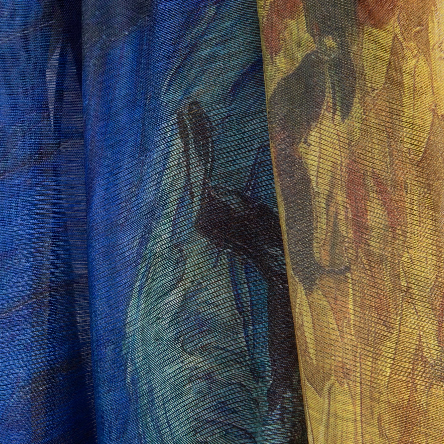 Eșarfă damă, imprimeu peisaj de câmpie, 195 x 70 cm - Albastru Galben