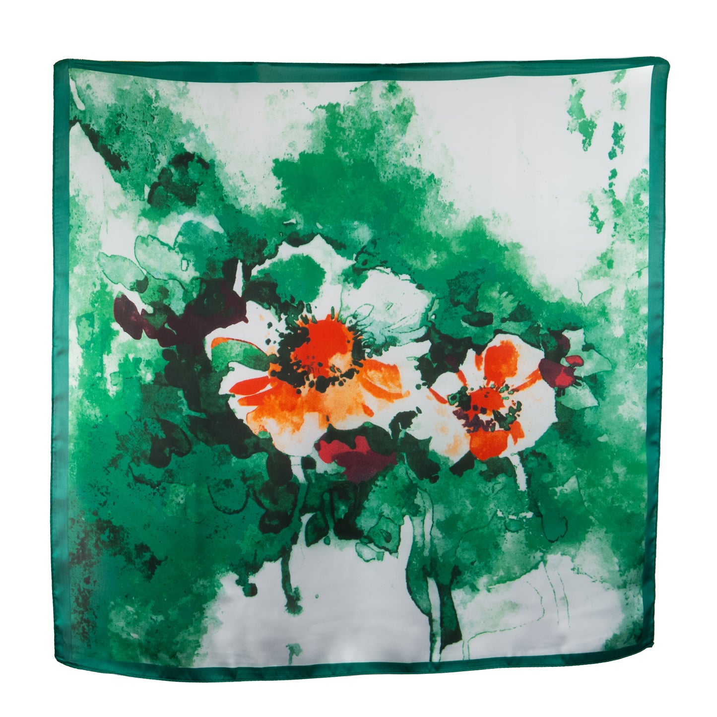Eșarfă fină cu efect de mătase, artă florală, 68 x 68 cm - Verde