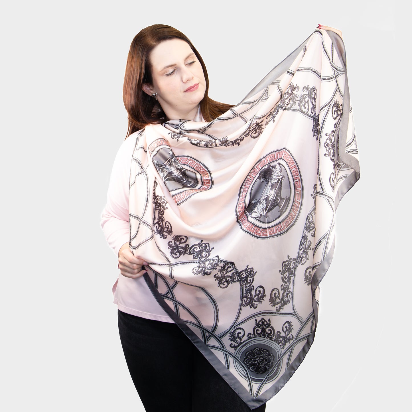 Eșarfă fină cu efect de mătase cu design aristocratic, 180 x 92 cm - Roz, Gri