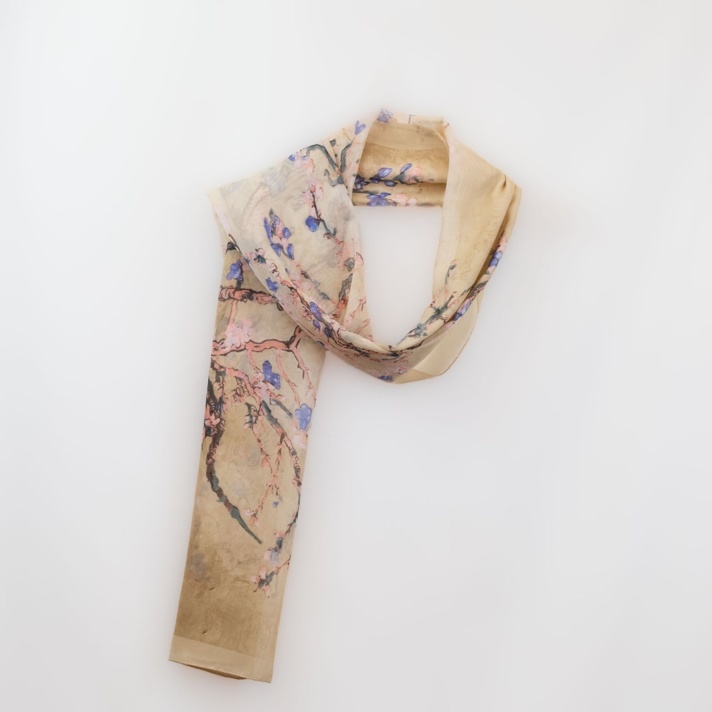 Eșarfă fină cu efect de mătase, imprimeu copac înflorit, 150 x 45 cm - Bej
