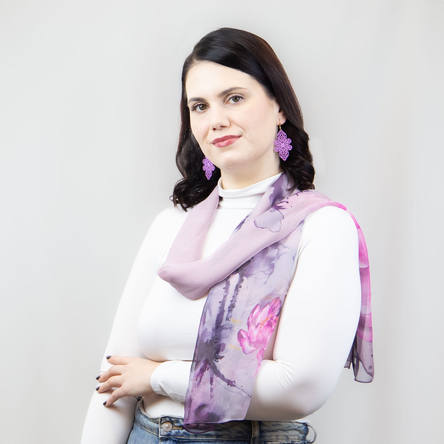 Eșarfă fină cu efect de mătase, imprimeu cu flori mari, 160 x 45 cm - Mov