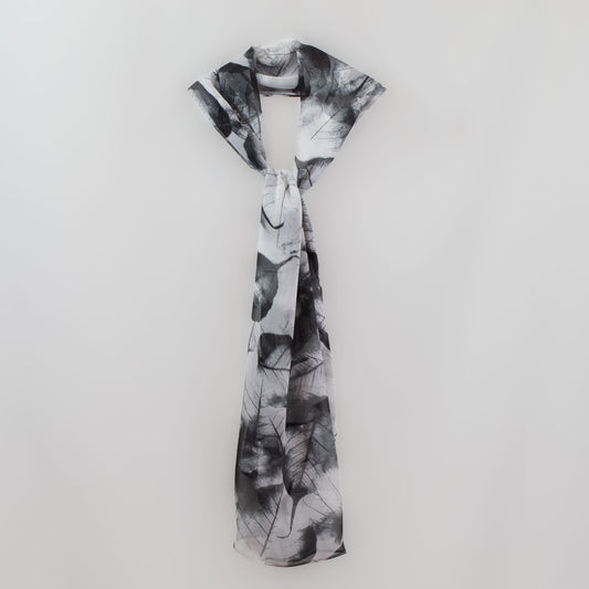 Eșarfă fină cu efect de mătase, imprimeu cu frunze mari, 160 x 45 cm - Negru