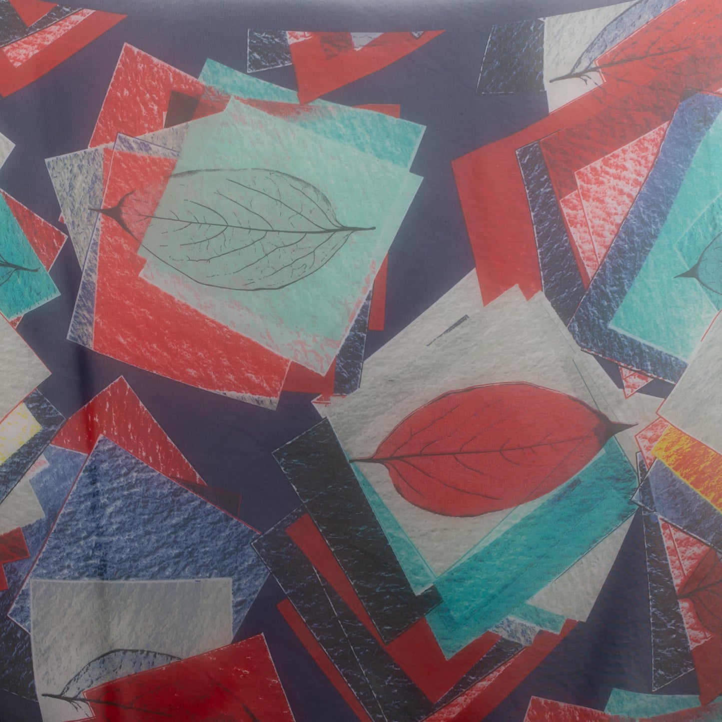 Eșarfă fină cu efect de mătase, imprimeu cu frunze și secțiuni colorate, 150 x 45 cm - Roșu Albastru