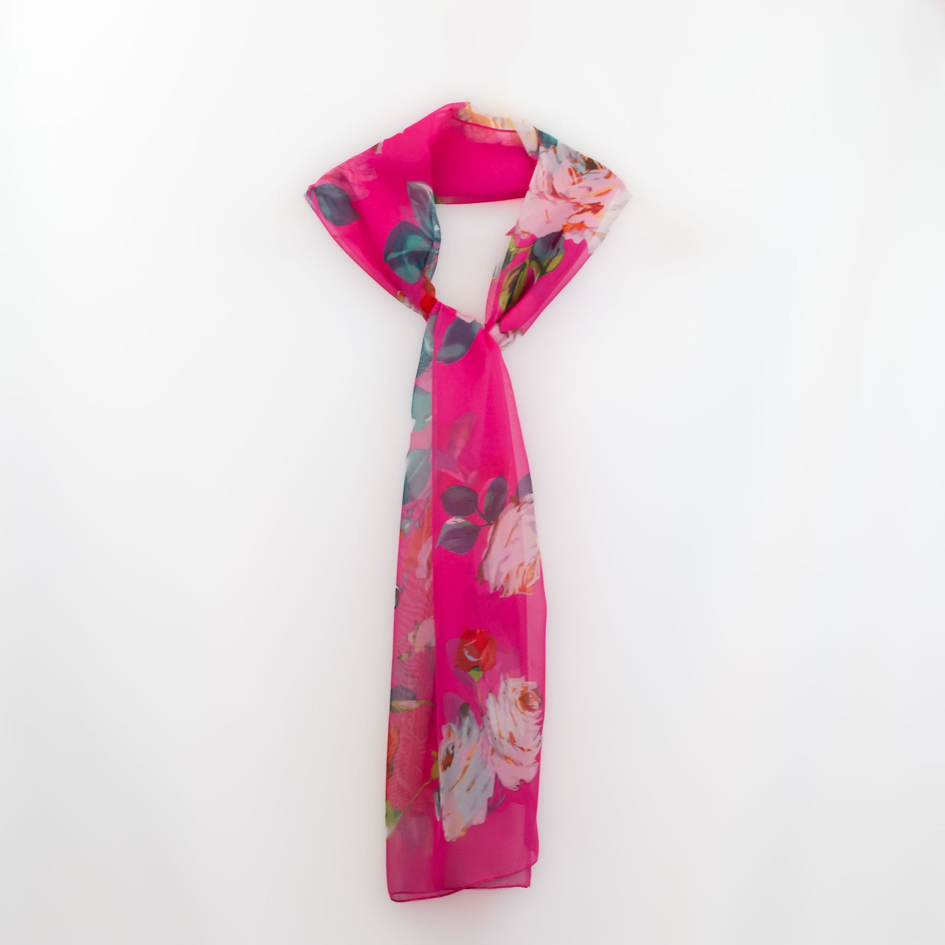 Eșarfă fină cu efect de mătase, imprimeu cu trandafiri classy, 160 x 50 cm - Fucsia
