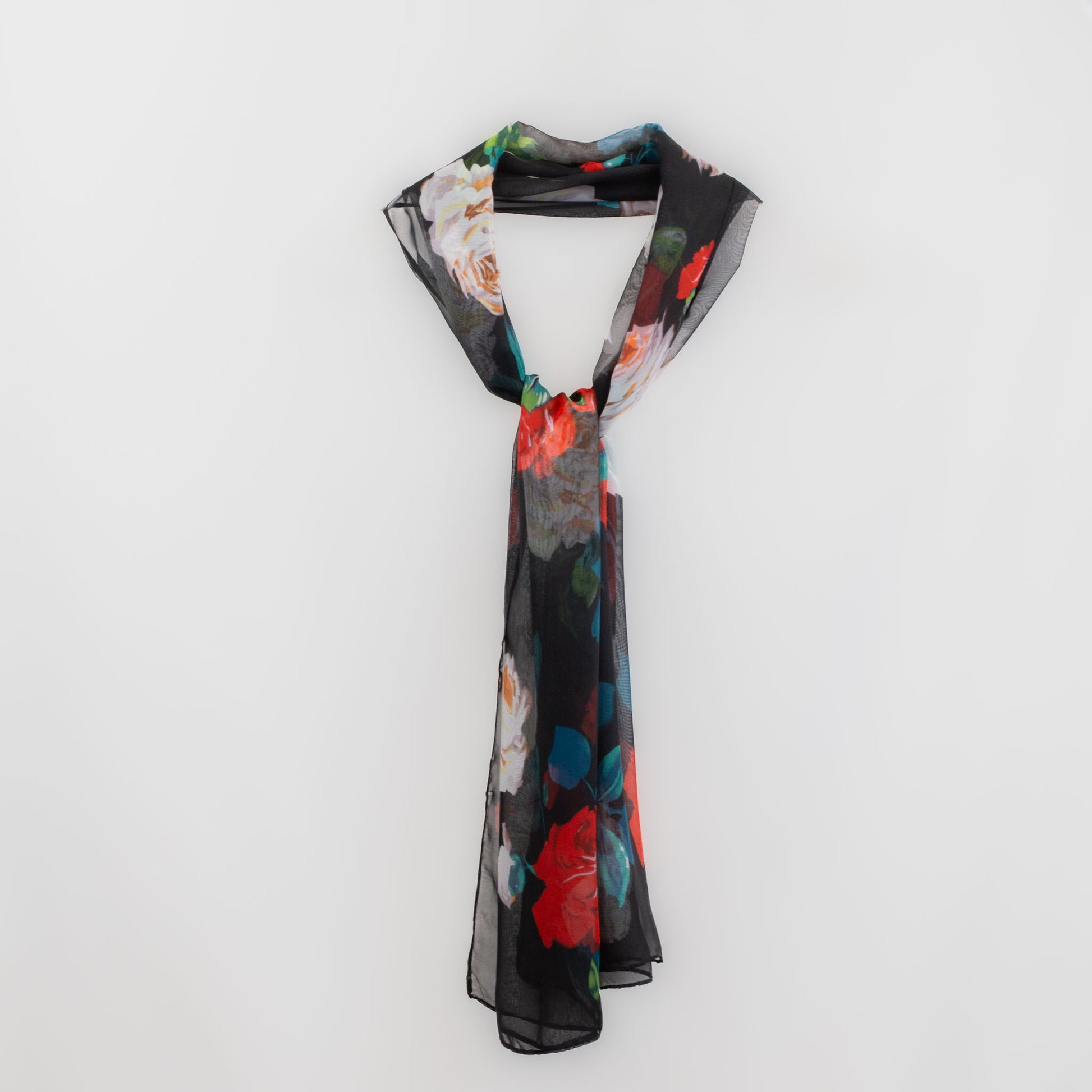 Eșarfă fină cu efect de mătase, imprimeu cu trandafiri classy, 160 x 50 cm - Negru