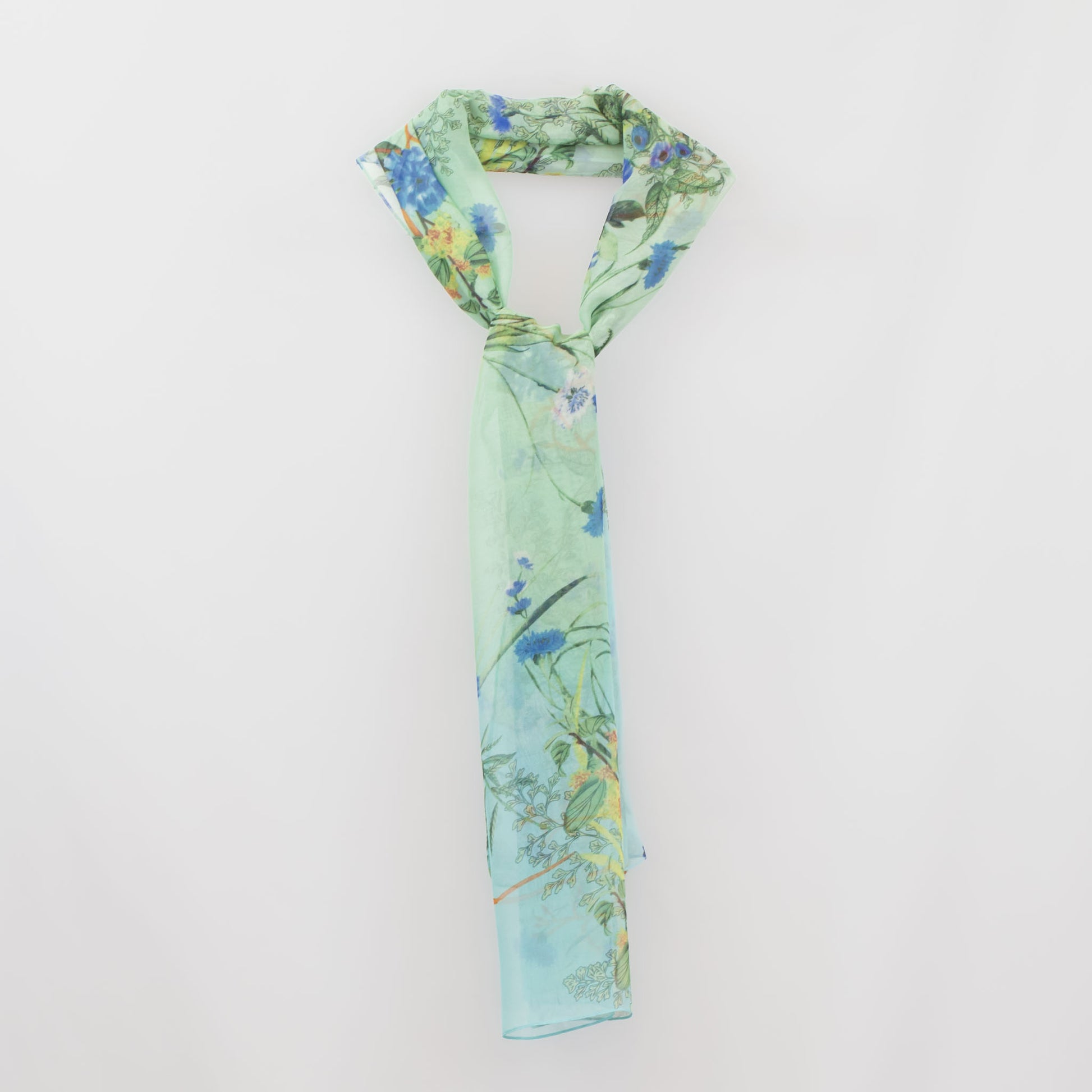Eșarfă fină cu efect de mătase, imprimeu delicate wild flowers, 160 x 50 cm - Verde