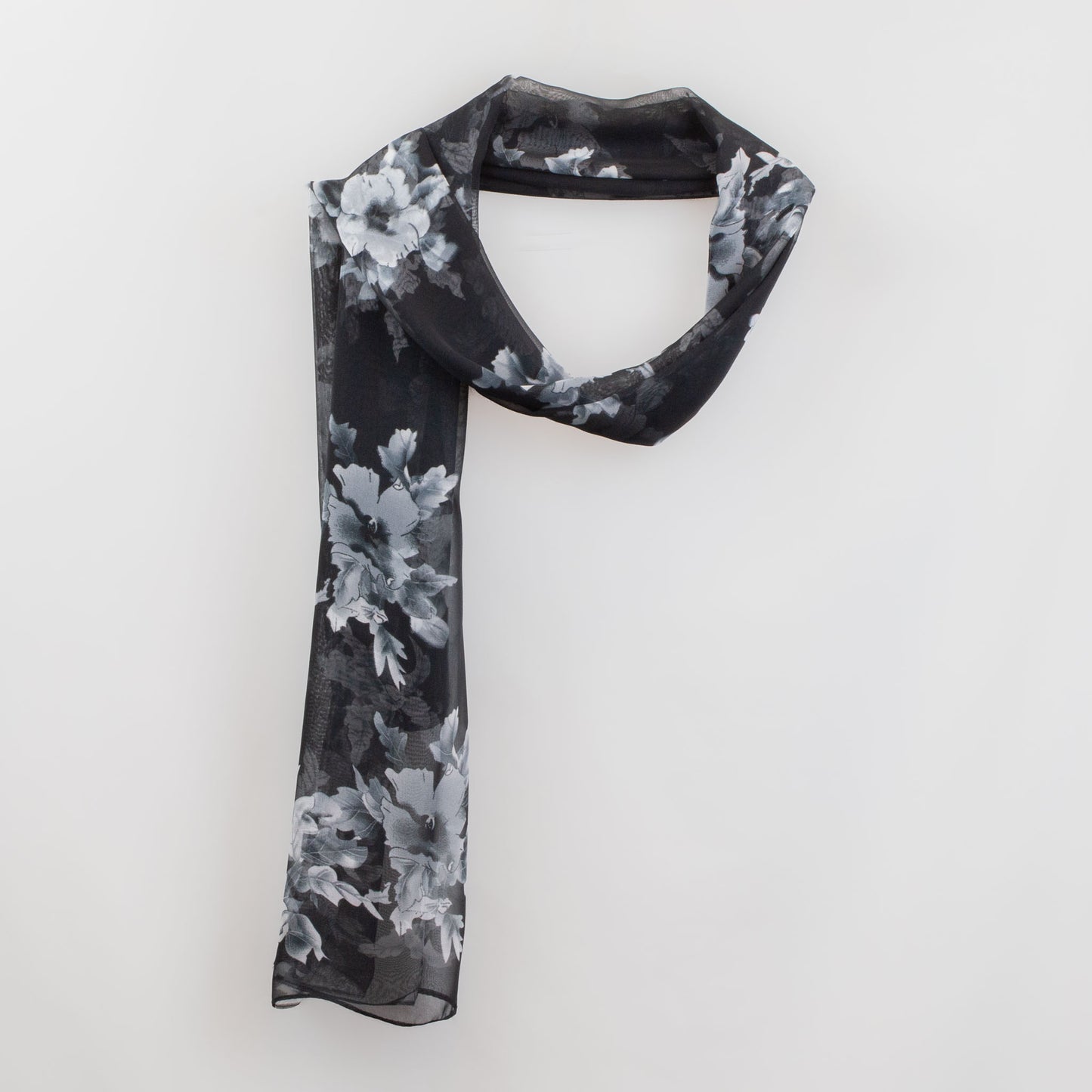Eșarfă fină cu efect de mătase, imprimeu floral night, 155 x 50 cm - Negru
