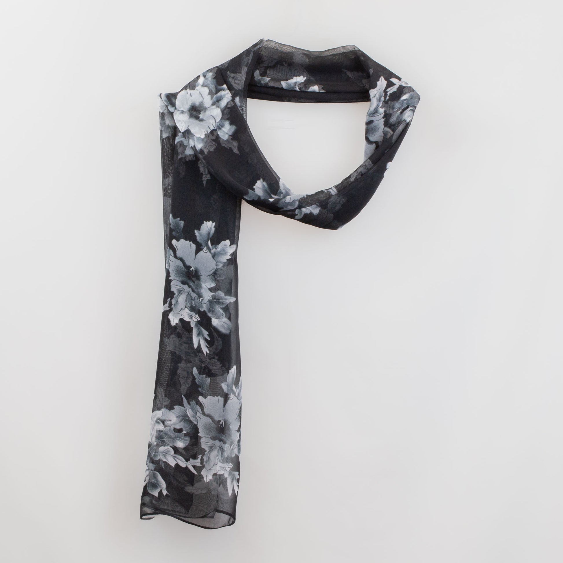 Eșarfă fină cu efect de mătase, imprimeu floral night, 155 x 50 cm - Negru