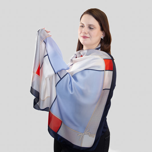 Eșarfă fină cu efect de mătase, imprimeu geometric mixt, 180 x 92 cm - Albastru, Roșu