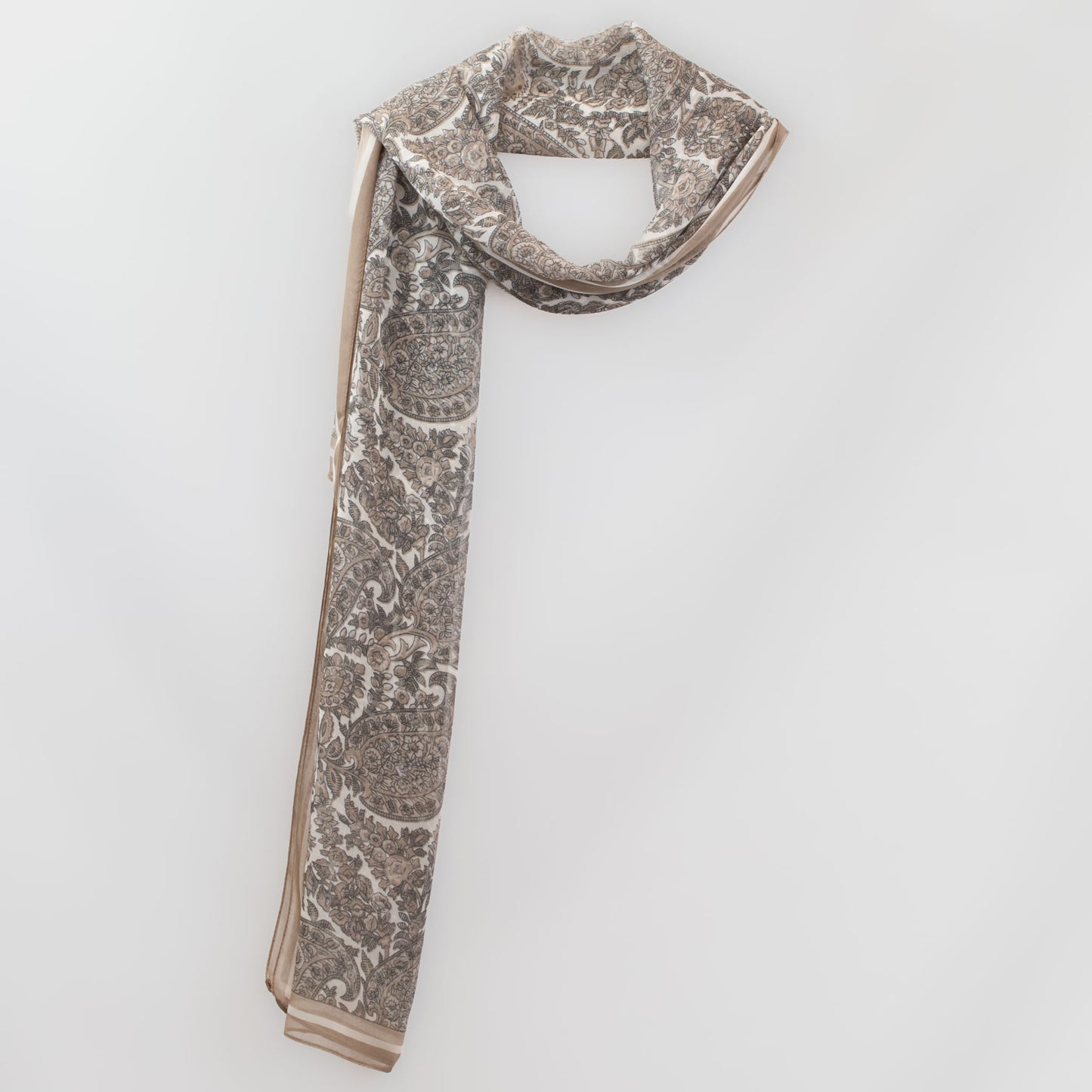 Eșarfă fină cu efect de mătase, imprimeu paisley floral, 160 x 50 cm - Bej