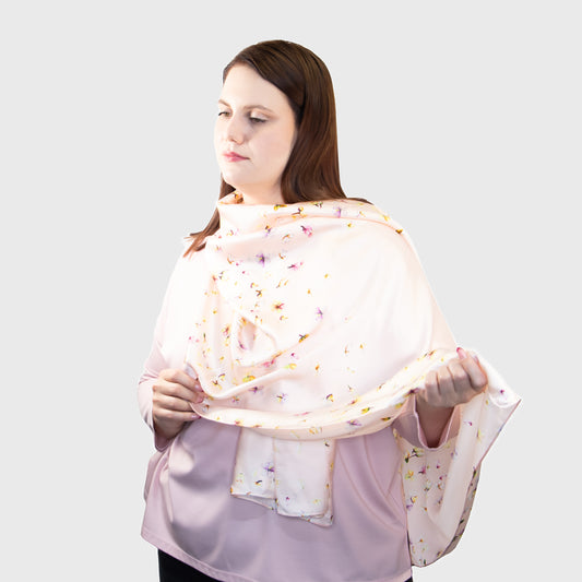 Eșarfă fină și deosebită cu efect mătase cu flori delicate, 180 x 85 cm - Roz
