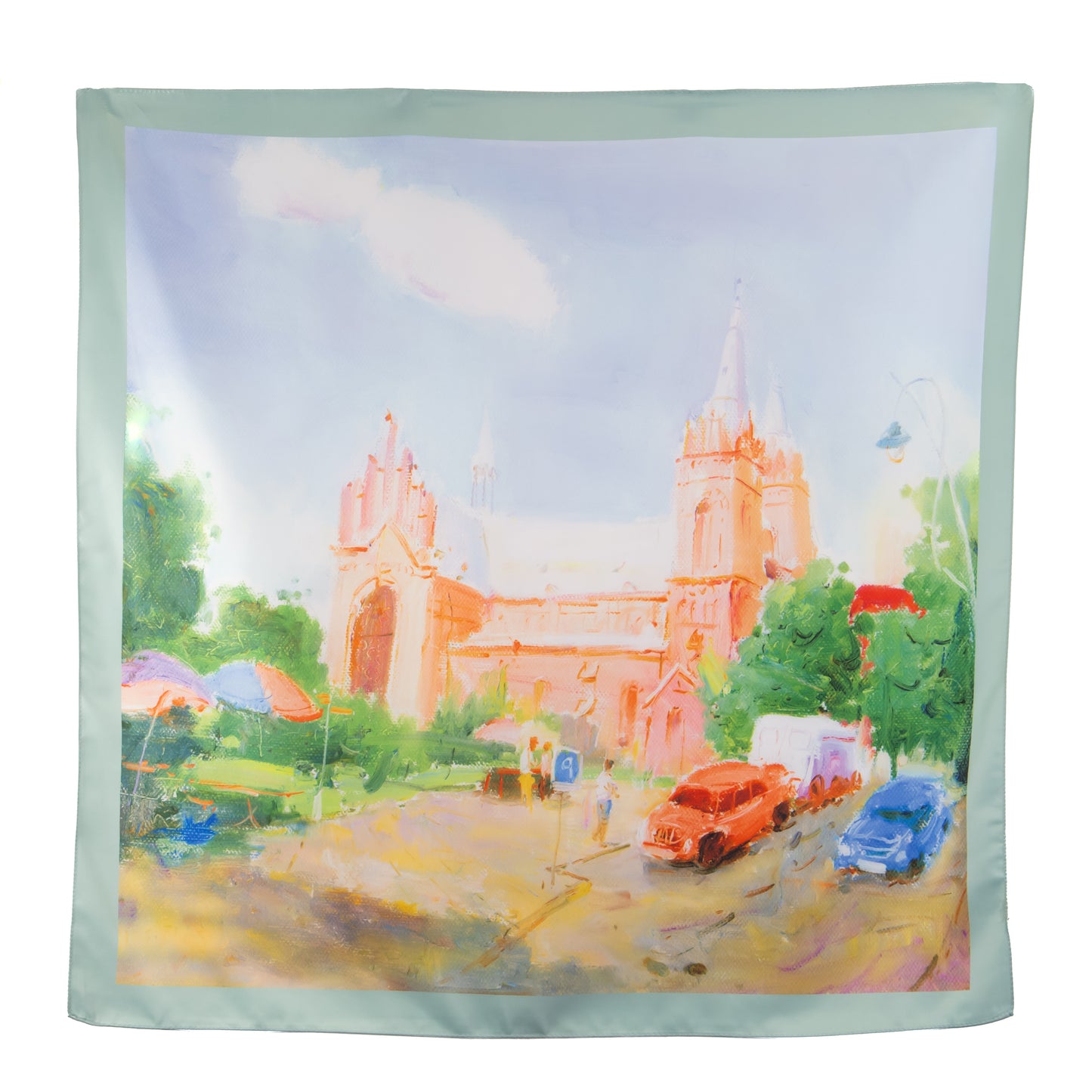 Eșarfă fină și deosebită cu efect mătase, farmec arhitectural, 68 x 68 cm - Portocaliu, Albastru