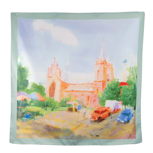 Eșarfă fină și deosebită cu efect mătase, farmec arhitectural, 68 x 68 cm - Portocaliu, Albastru