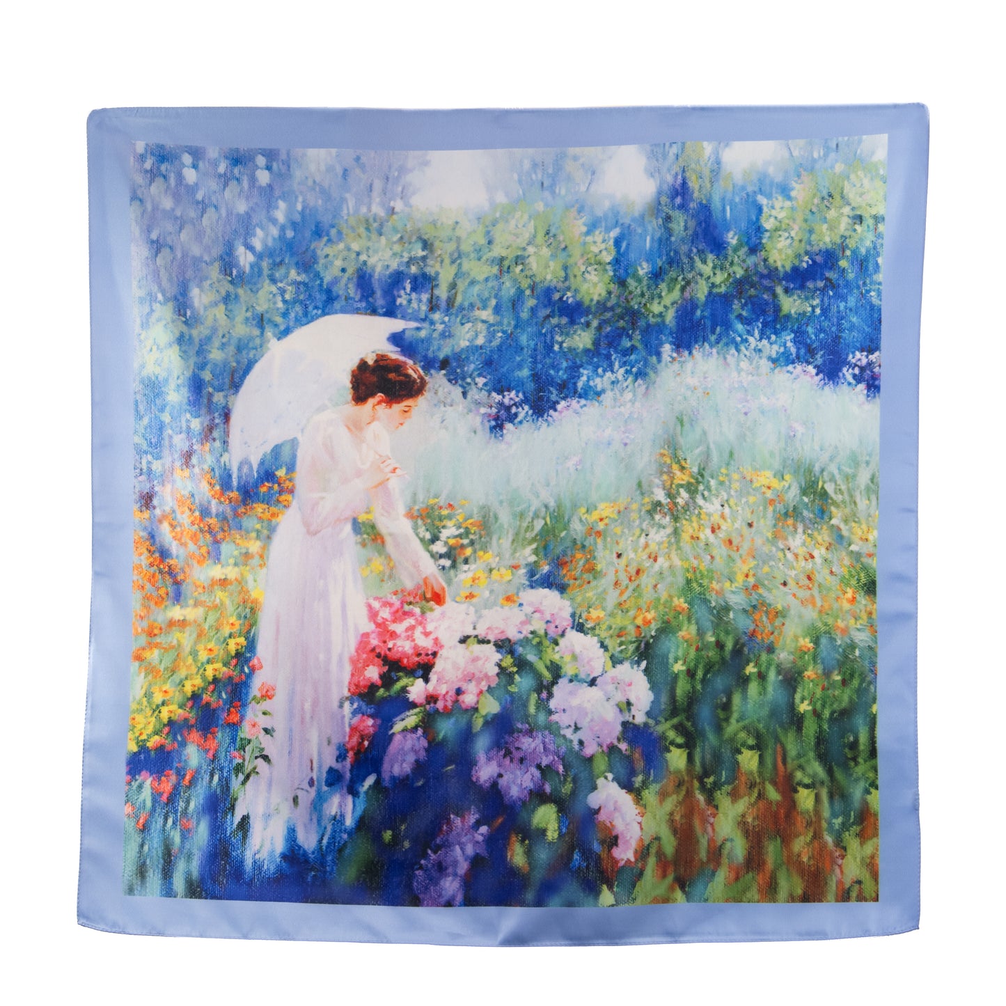 Eșarfă fină și deosebită cu efect mătase, grădină romantică, 68 x 68 cm - Albastru
