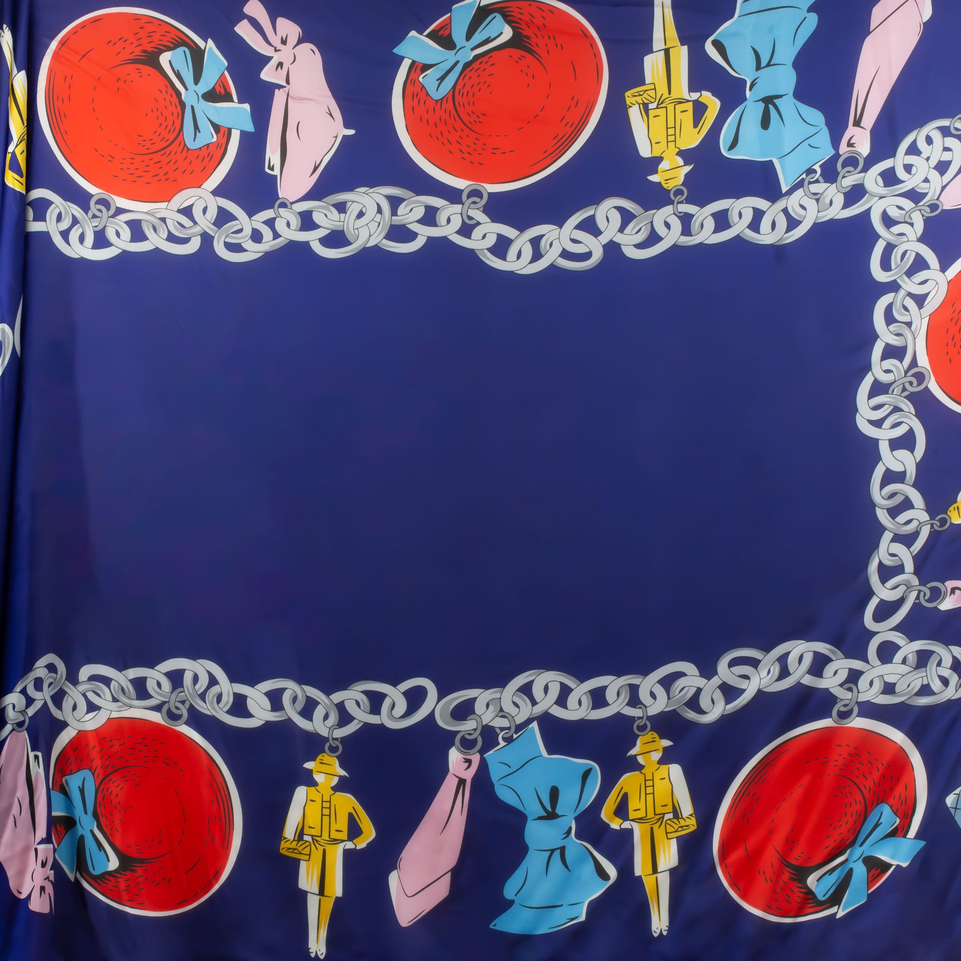 Eșarfă fină și deosebită cu efect mătase, imprimeu cu accesorii fashion, 180 x 90 cm - Albastru Indigo