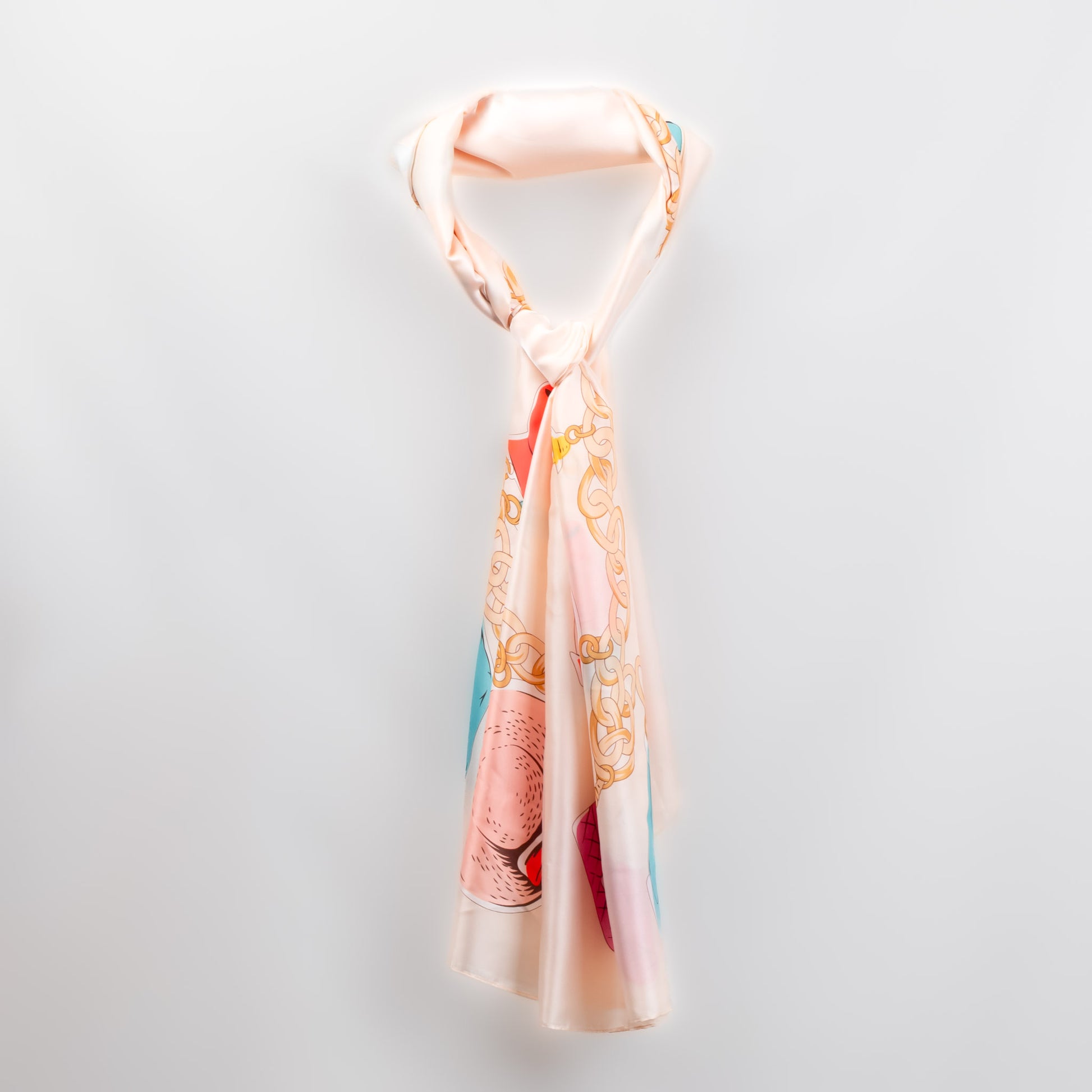 Eșarfă fină și deosebită cu efect mătase, imprimeu cu accesorii fashion, 180 x 90 cm - Peach