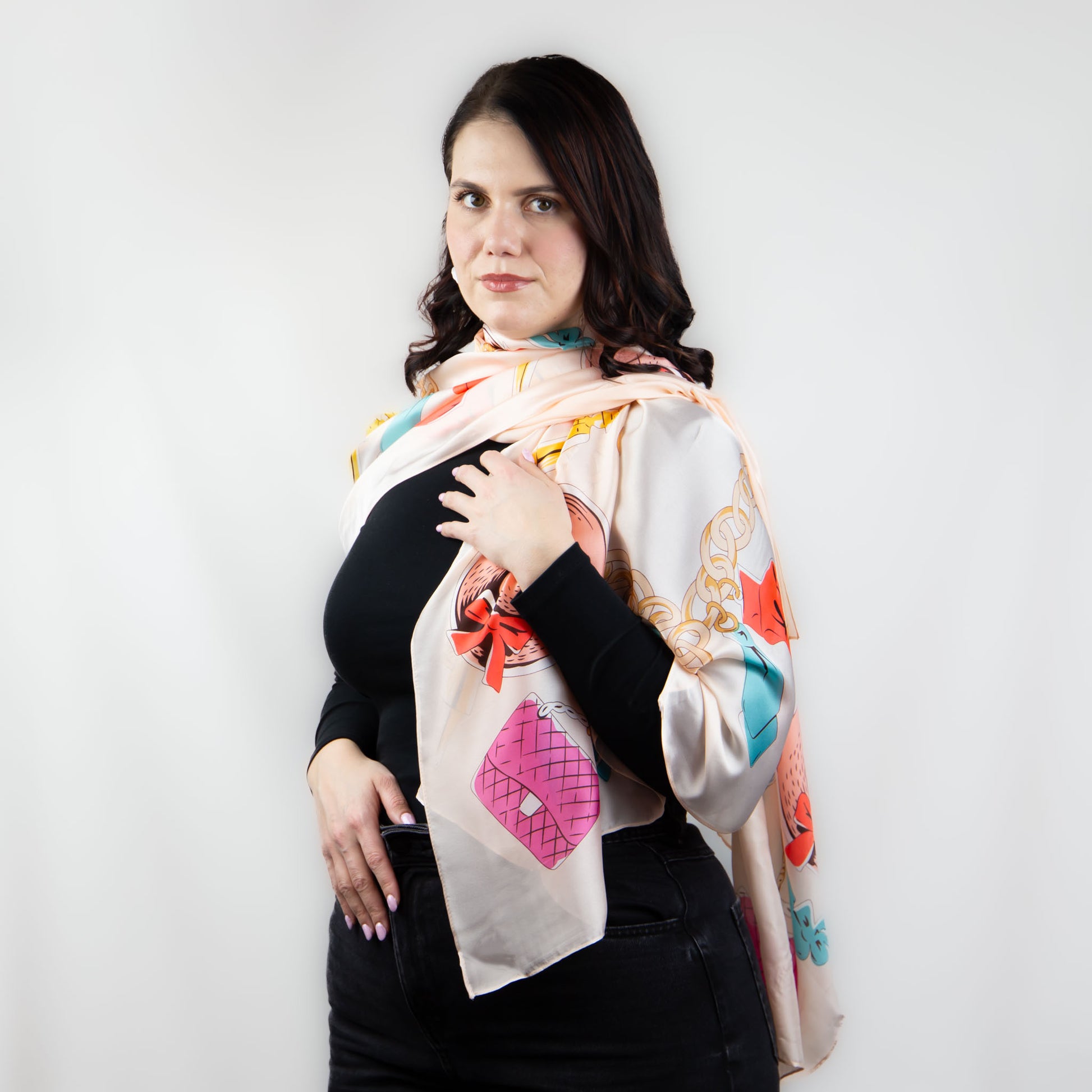 Eșarfă fină și deosebită cu efect mătase, imprimeu cu accesorii fashion, 180 x 90 cm - Peach