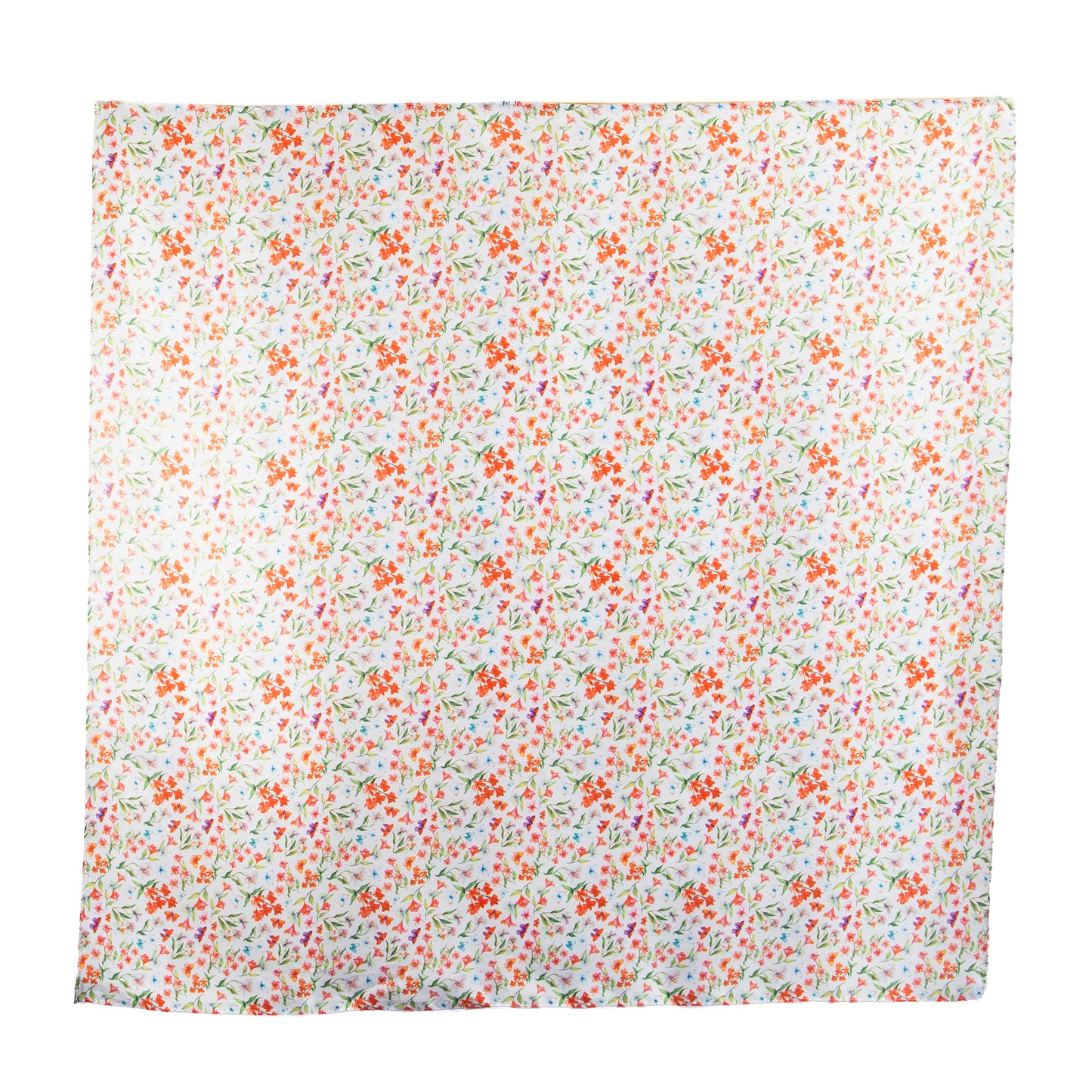 Eșarfă fină și deosebită cu efect mătase, imprimeu cu flori și fluturi, 90 x 90 cm - Verde, Roșu