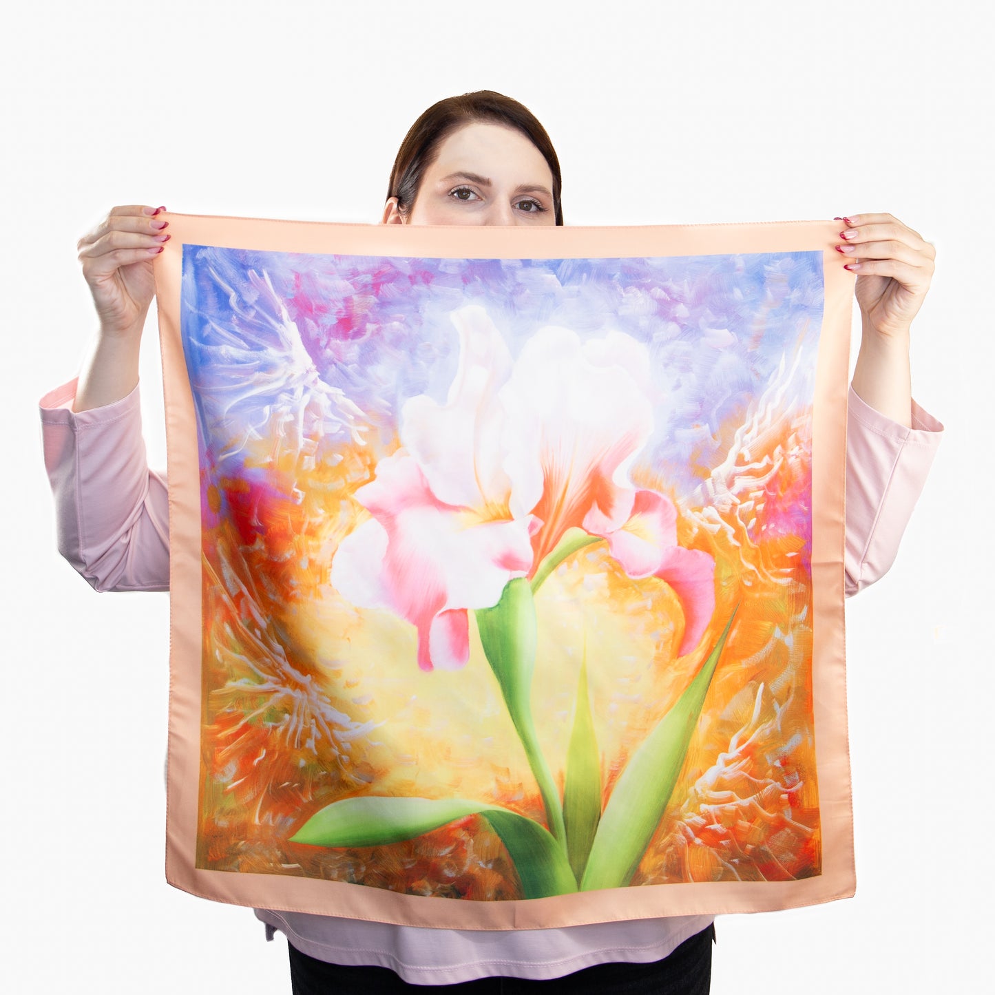 Eșarfă fină și deosebită cu efect mătase, imprimeu floral artistic, 68 x 68 cm - Roz, Portocaliu