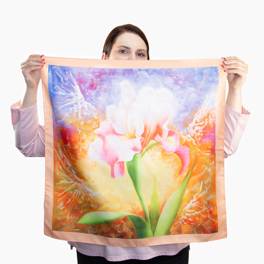 Eșarfă fină și deosebită cu efect mătase, imprimeu floral artistic, 68 x 68 cm - Roz, Portocaliu
