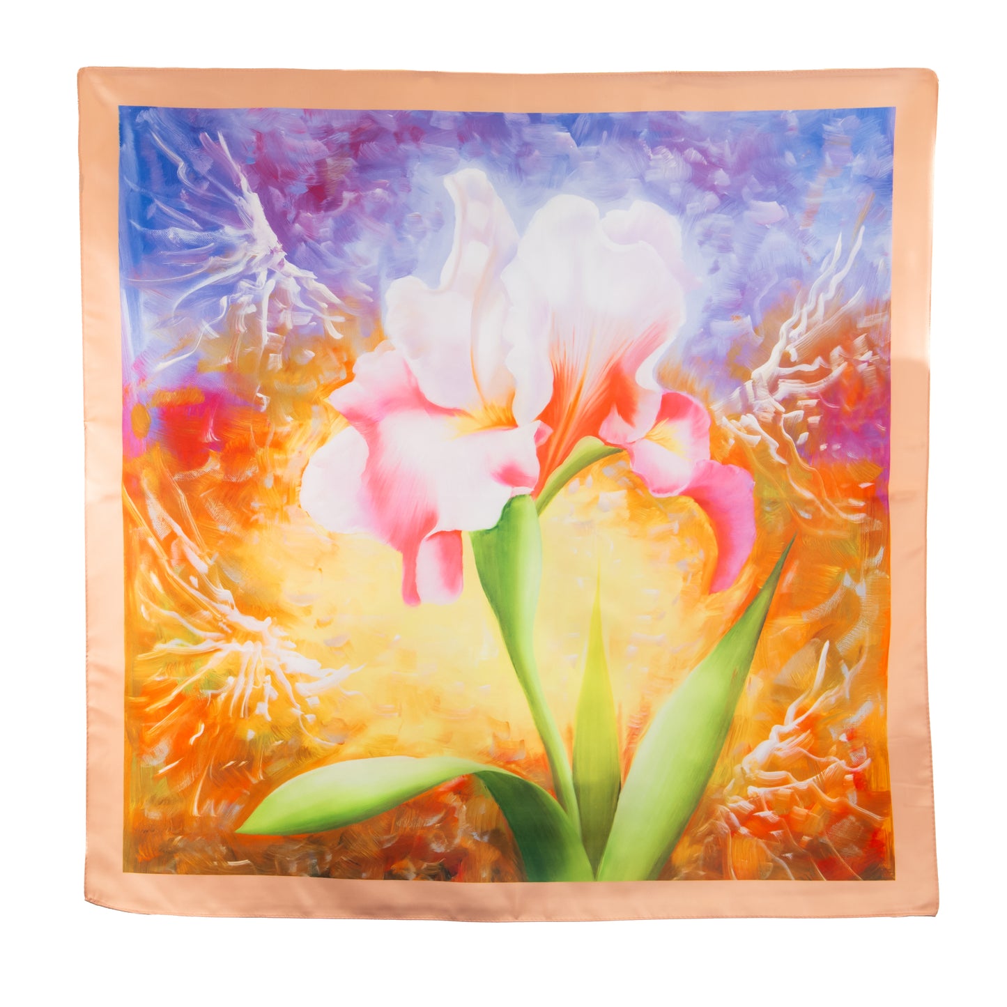 Eșarfă fină și deosebită cu efect mătase, imprimeu floral artistic, 68 x 68 cm - Roz, Portocaliu