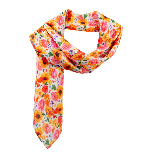 Eșarfă fină și deosebită cu efect mătase, imprimeu floral vibrant, 90 x 90 cm - Roz, Galben