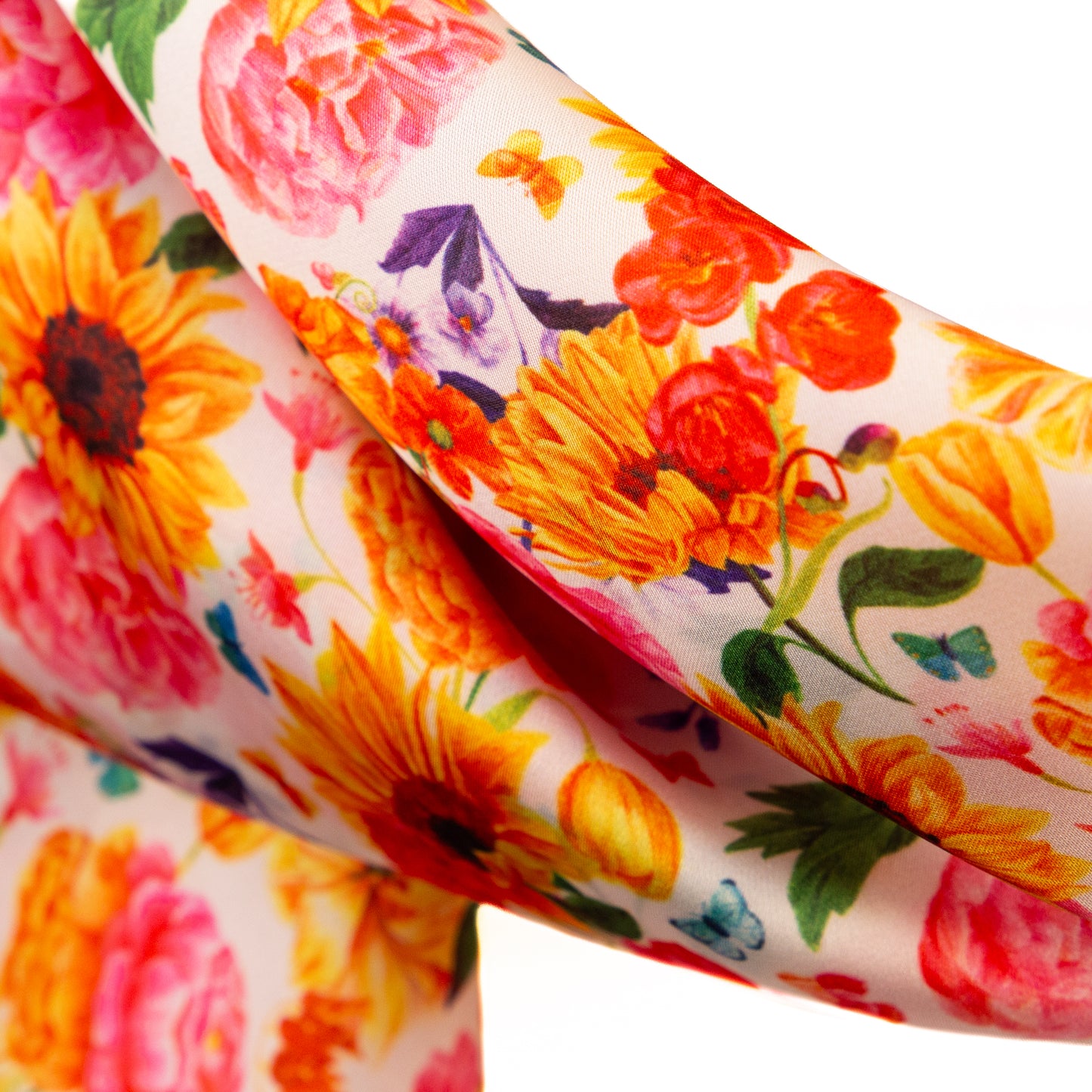 Eșarfă fină și deosebită cu efect mătase, imprimeu floral vibrant, 90 x 90 cm - Roz, Galben