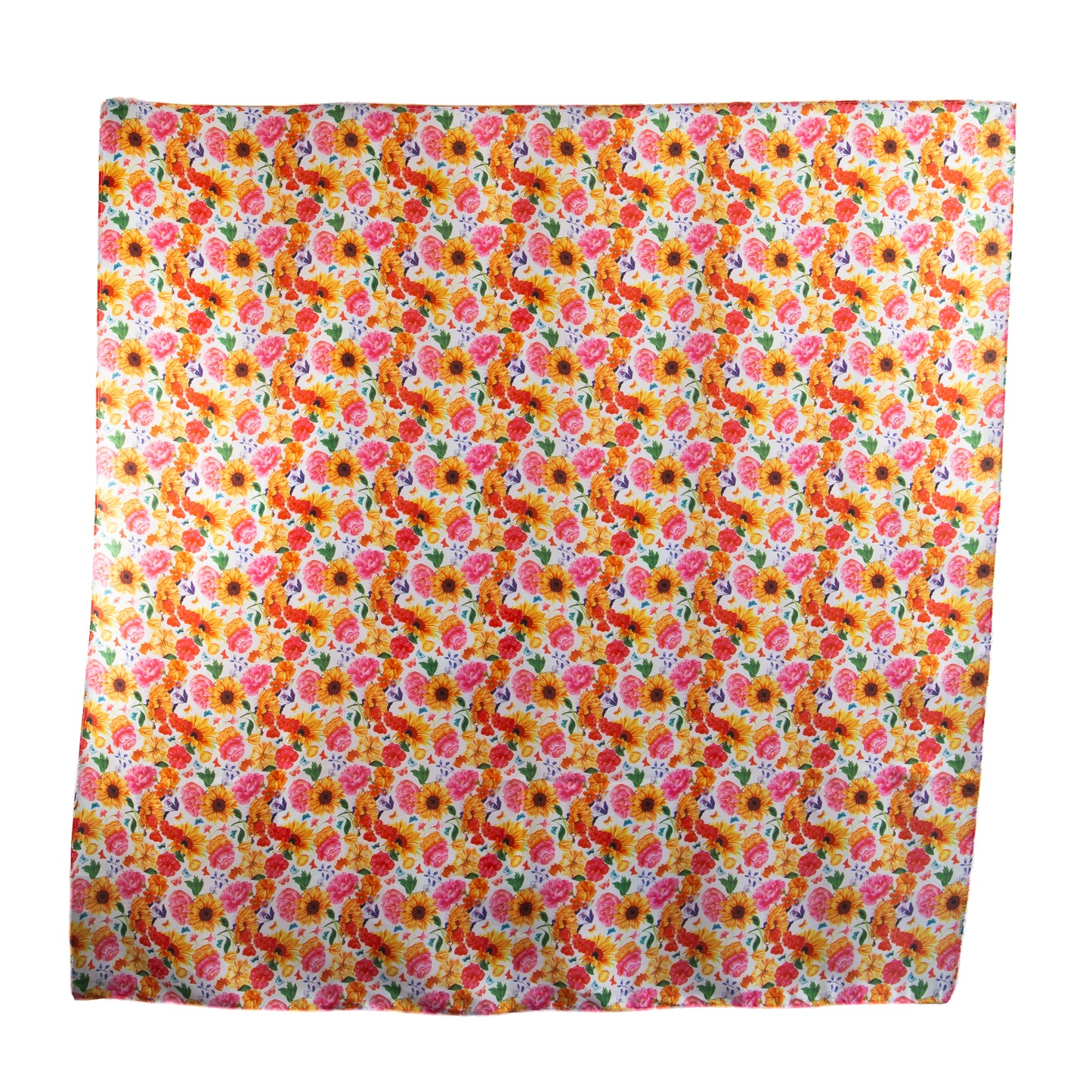 Eșarfă fină și deosebită cu efect mătase, imprimeu floral vibrant, 90 x 90 cm - Roz, Galben
