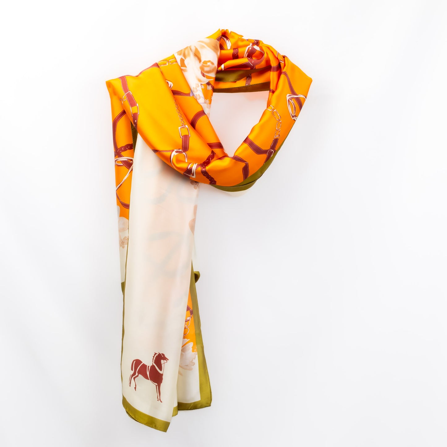 Eșarfă fină și deosebită cu efect mătase, imprimeu flower fashion, 180 x 90 cm - Ocru