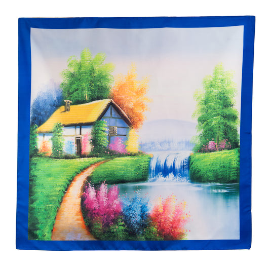 Eșarfă fină și deosebită cu efect mătase, peisaj de poveste, 68 x 68 cm - Albastru