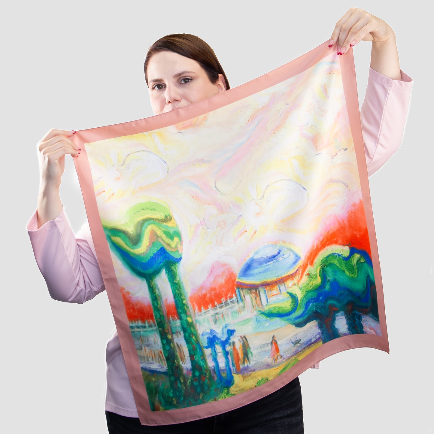 Eșarfă fină și deosebită cu efect mătase, peisaj de vis, 68 x 68 cm - Multicolor