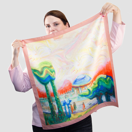 Eșarfă fină și deosebită cu efect mătase, peisaj de vis, 68 x 68 cm - Multicolor