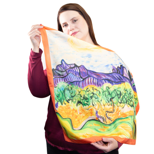 Eșarfă fină și deosebită cu efect mătase, peisaj expresionist, 68 x 68 cm - Multicolor