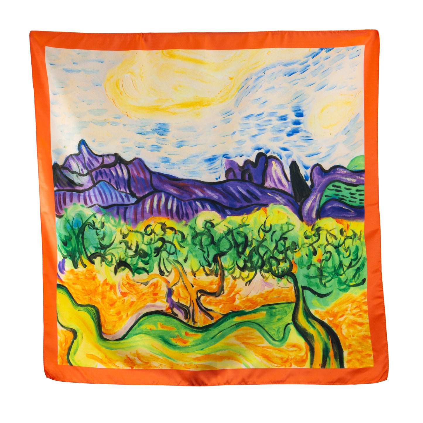 Eșarfă fină și deosebită cu efect mătase, peisaj expresionist, 68 x 68 cm - Multicolor