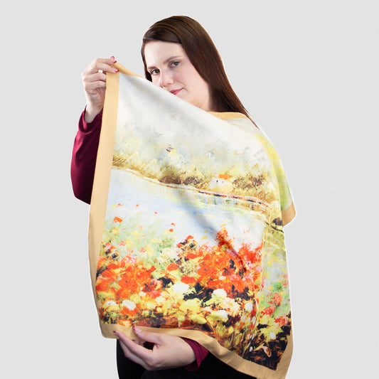 Eșarfă fină și deosebită cu efect mătase, peisaj floral, 68 x 68 cm - Galben, Roșu
