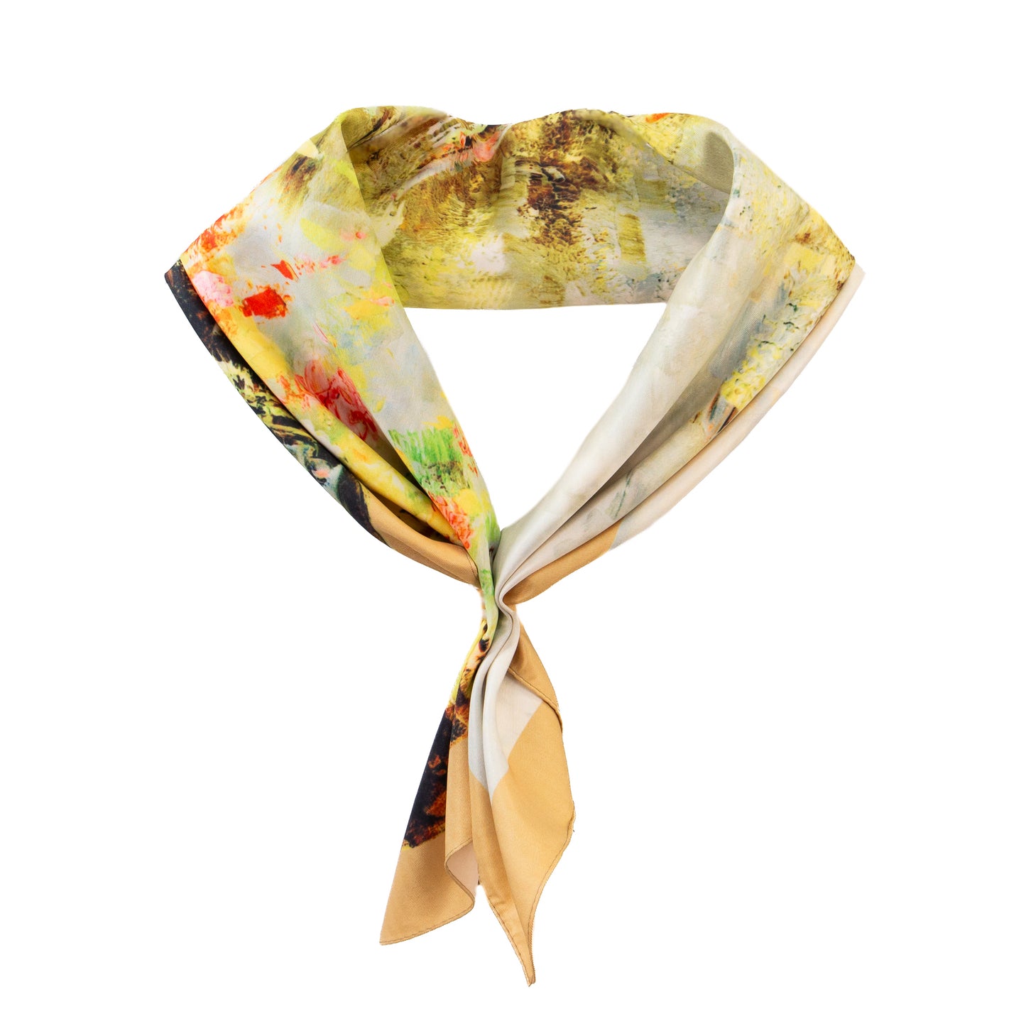 Eșarfă fină și deosebită cu efect mătase, peisaj floral, 68 x 68 cm - Galben, Roșu