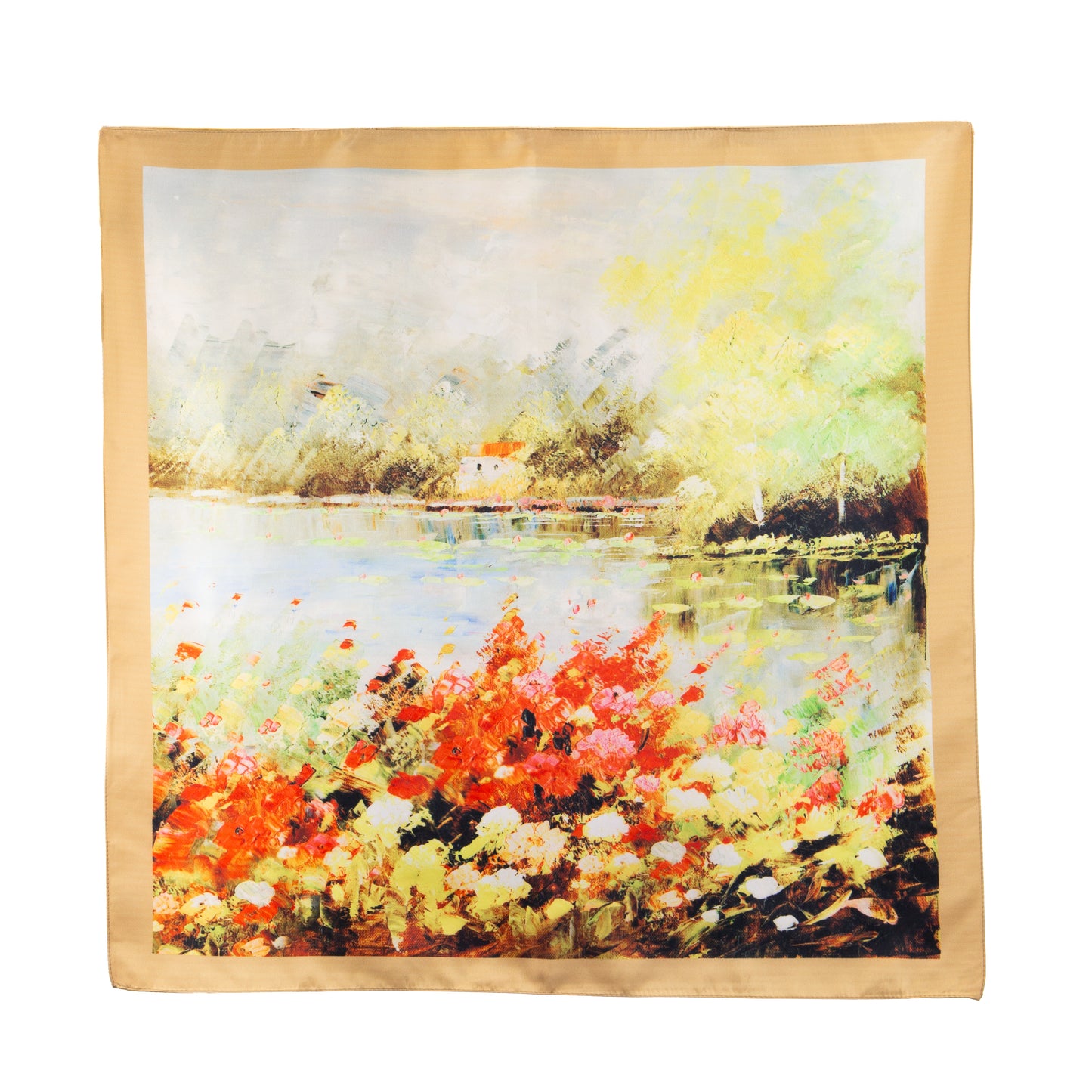 Eșarfă fină și deosebită cu efect mătase, peisaj floral, 68 x 68 cm - Galben, Roșu