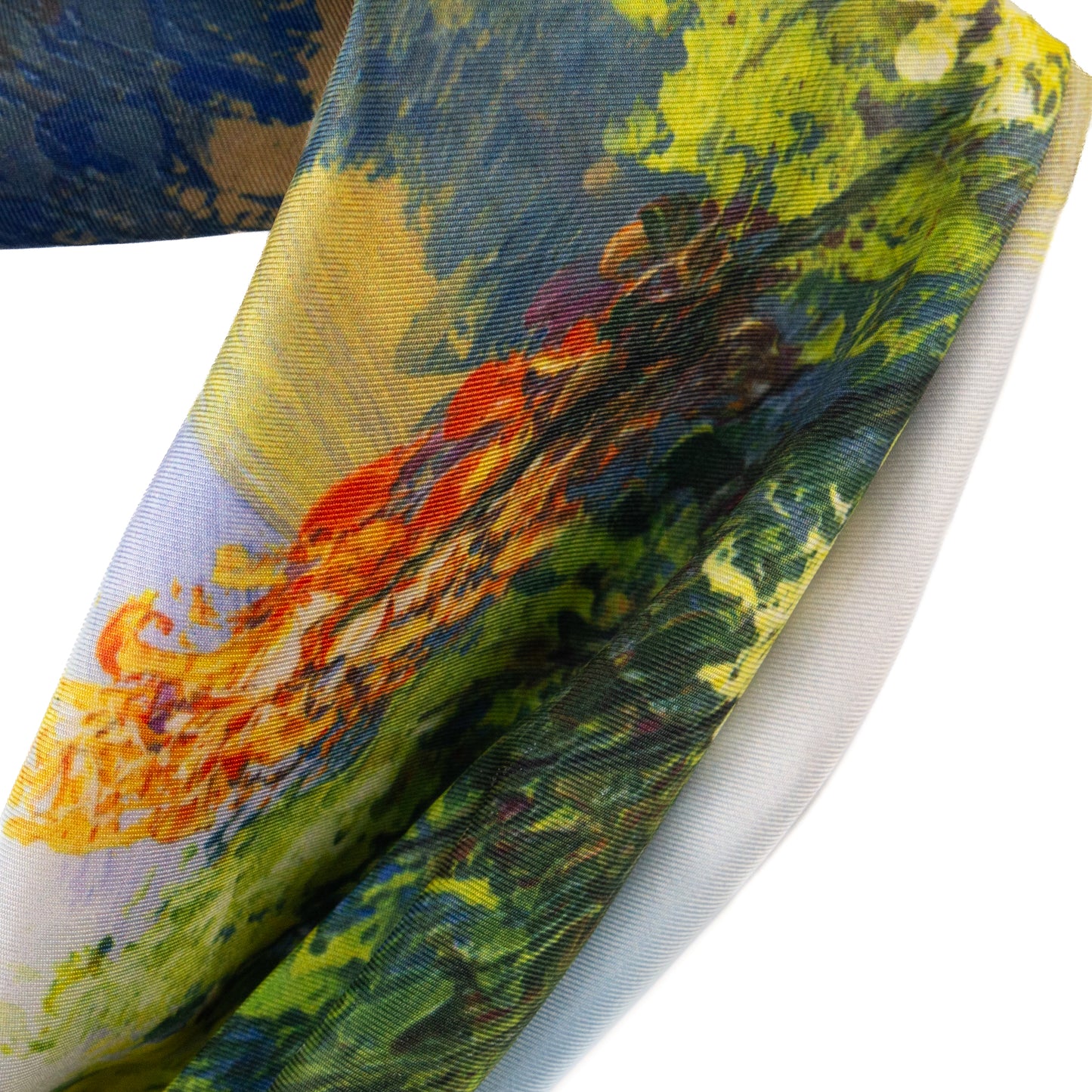 Eșarfă fină și deosebită cu efect mătase, peisaj idilic, 68 x 68 cm - Albastru, Verde