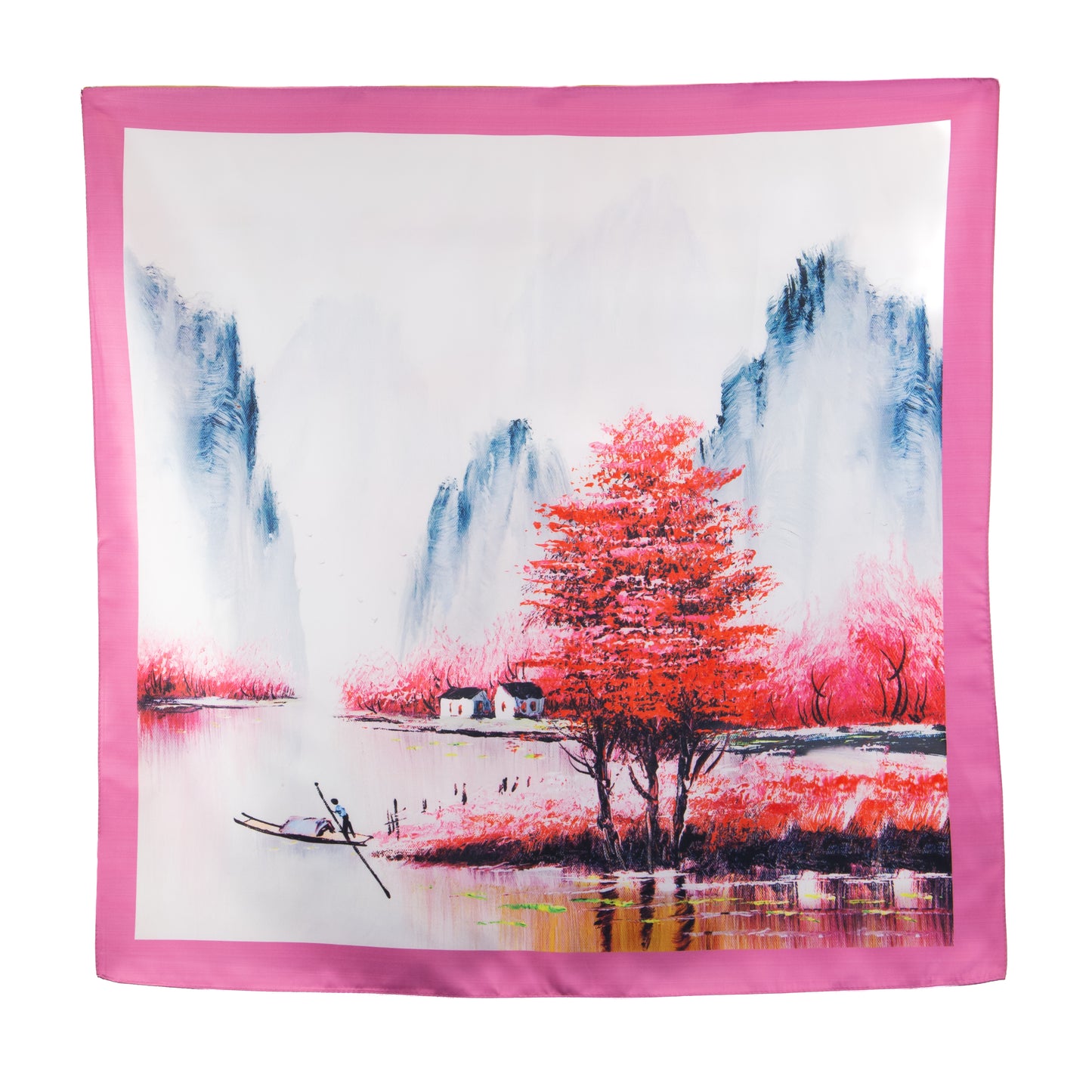 Eșarfă fină și deosebită cu efect mătase, peisaj japonez, 68 x 68 cm - Roz