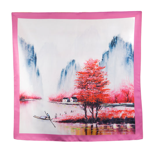 Eșarfă fină și deosebită cu efect mătase, peisaj japonez, 68 x 68 cm - Roz