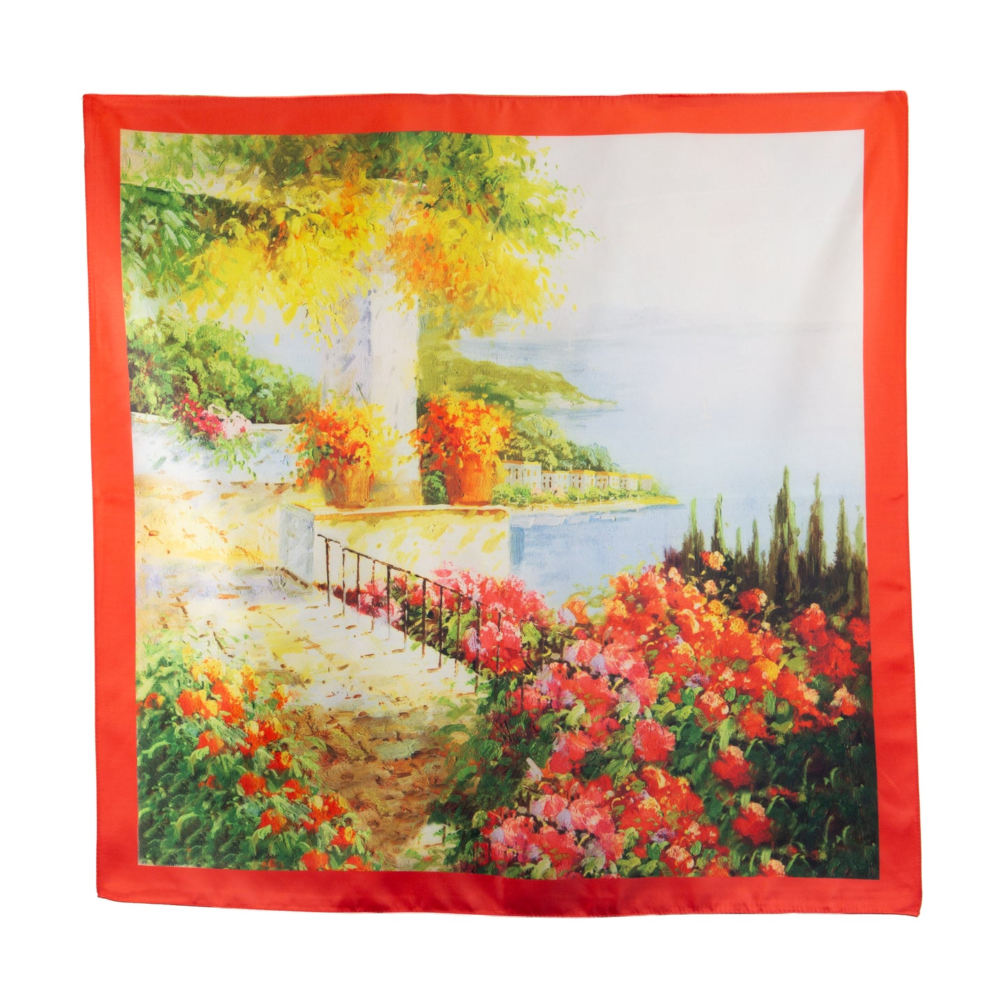 Eșarfă fină și deosebită cu efect mătase, peisaj mediteranean, 68 x 68 cm - Roșu, Galben