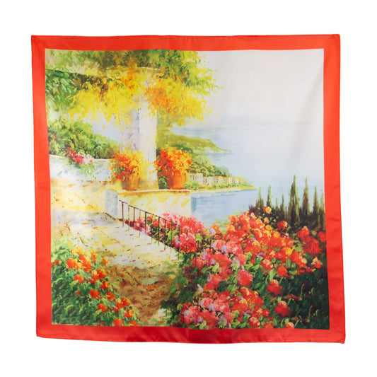 Eșarfă fină și deosebită cu efect mătase, peisaj mediteranean, 68 x 68 cm - Roșu, Galben