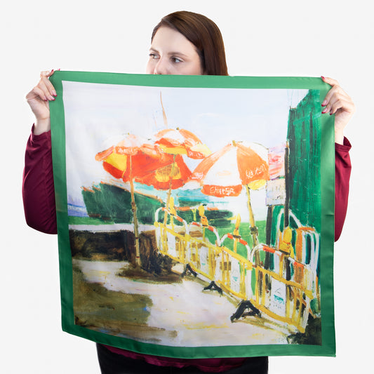 Eșarfă fină și deosebită cu efect mătase, peisaj port under construction, 68 x 68 cm - Verde