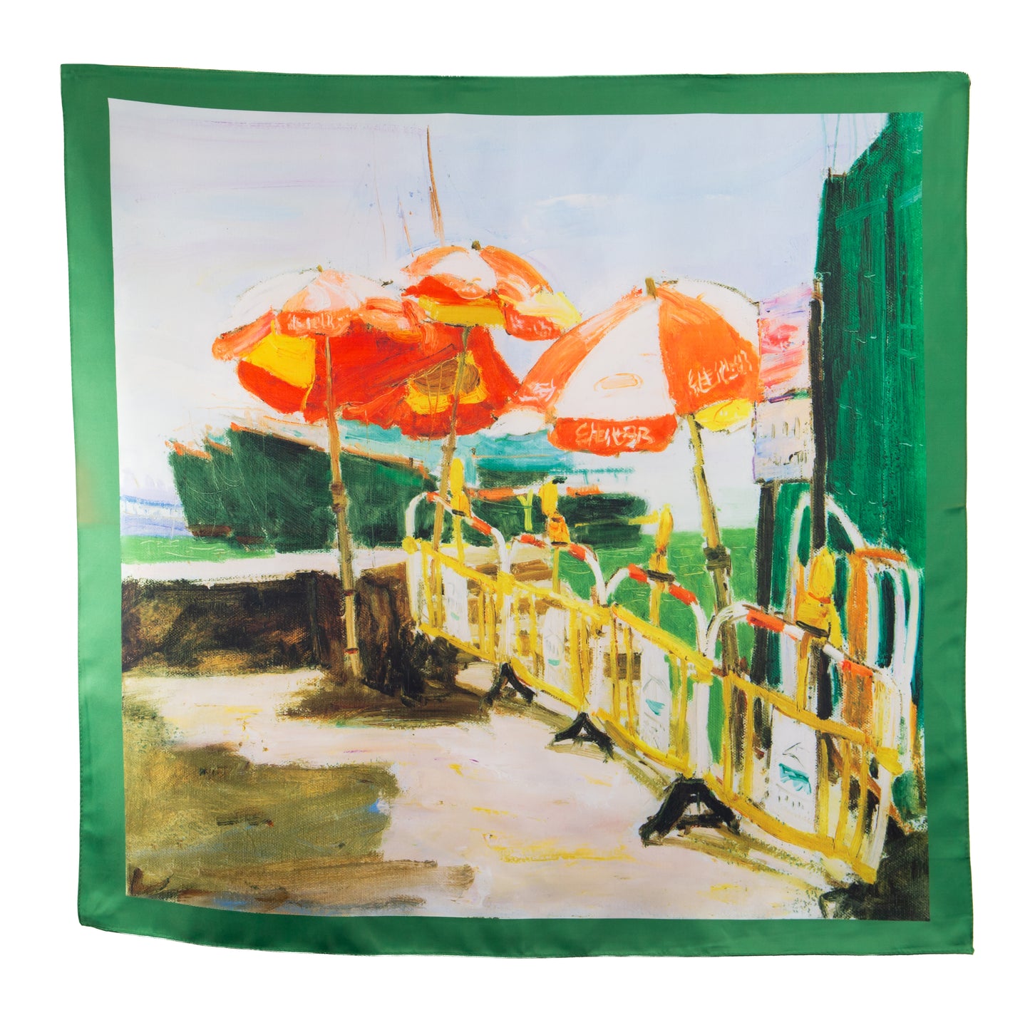 Eșarfă fină și deosebită cu efect mătase, peisaj port under construction, 68 x 68 cm - Verde